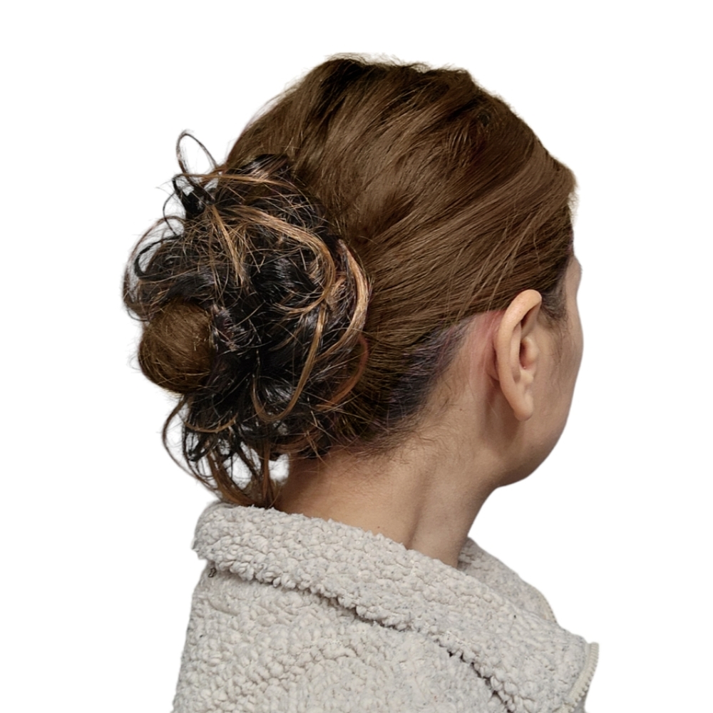 Bridal Prom Hair Scrunchie Bun - Wavy Messy Hairpiece Black with Highlights